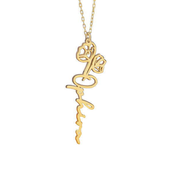 925 Sterling Silver Birth Flower Name Necklace Vertical