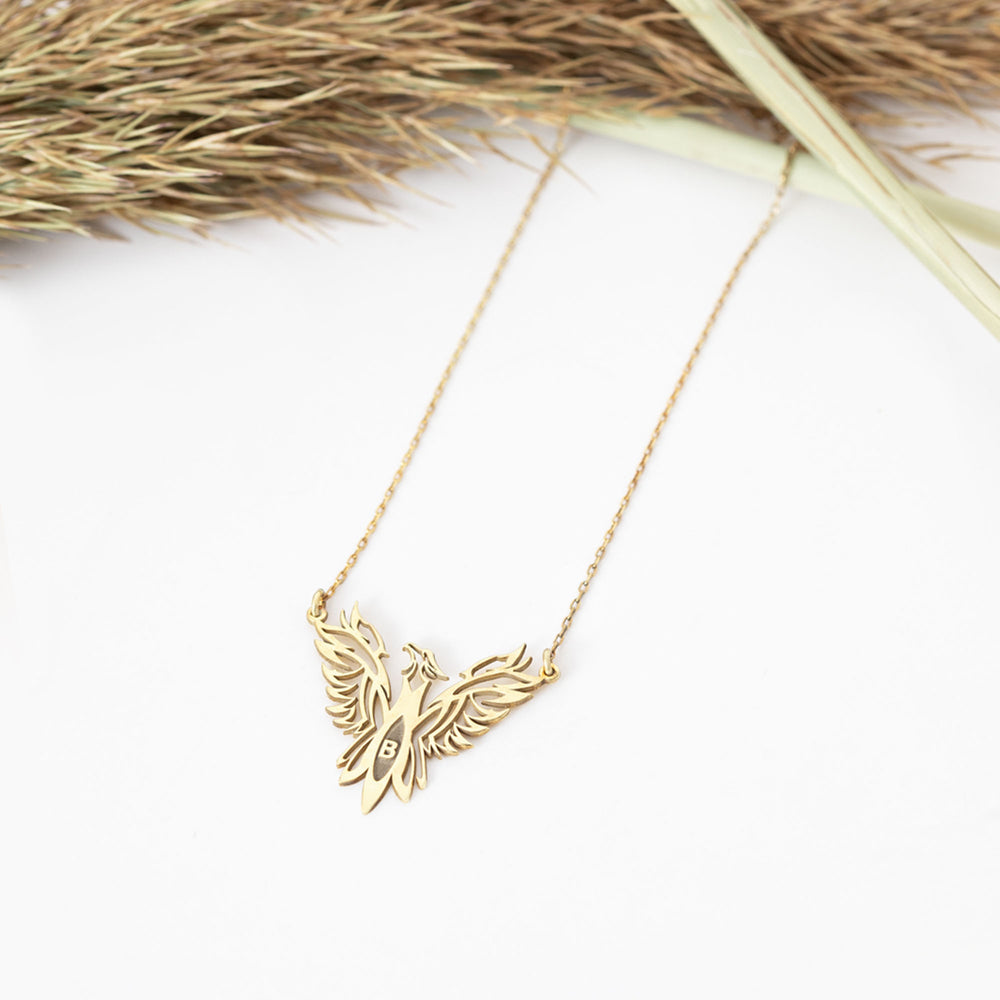925 Sterling Silver Unique Phoenix And Initial Gold Necklace