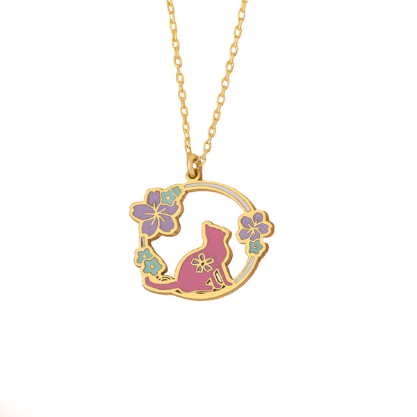 925 Sterling Silver Enamel Flower Cat Necklace
