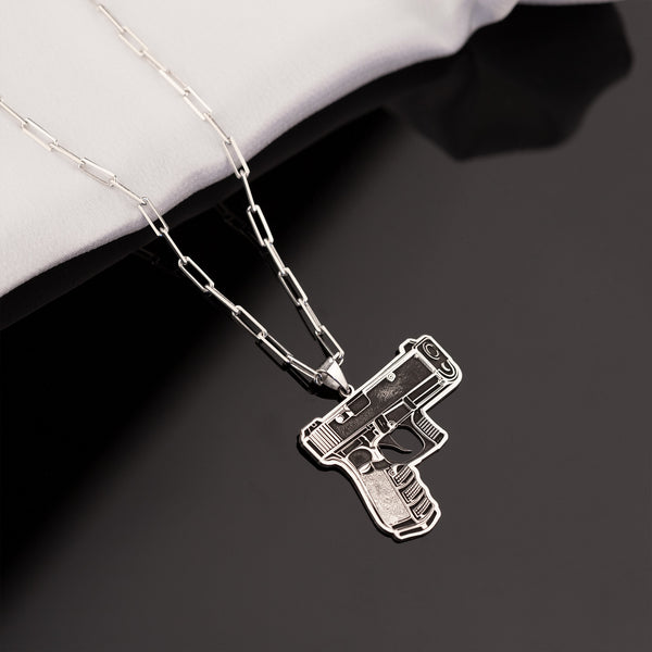 925 Sterling Silver Chain Link Gun Pistol Necklace