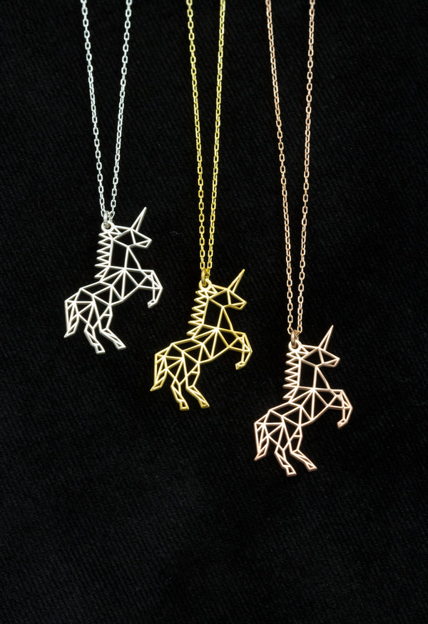 925 Sterling Silver Origami Unicorn Necklace