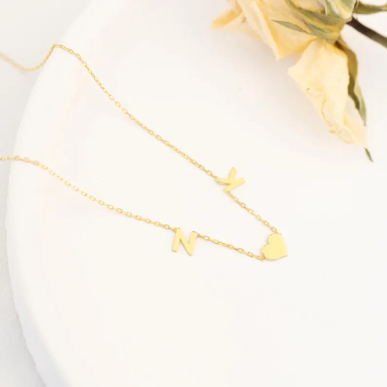 925 Sterling Silver İki Initial Letter Heart Halley Necklace