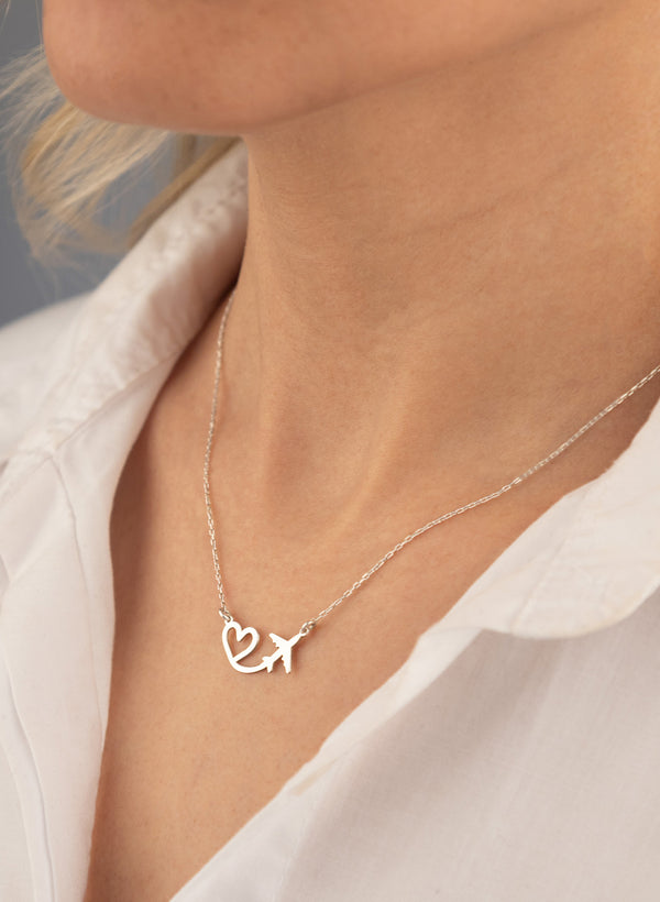 925 Sterling Silver Heart Uçak Necklace
