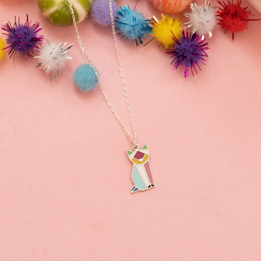 925 Sterling Silver Multi Color Enamel Cat Necklace