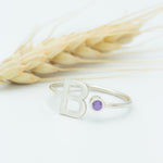 925 Sterling Silver Tiny Initial Birthstone Ring
