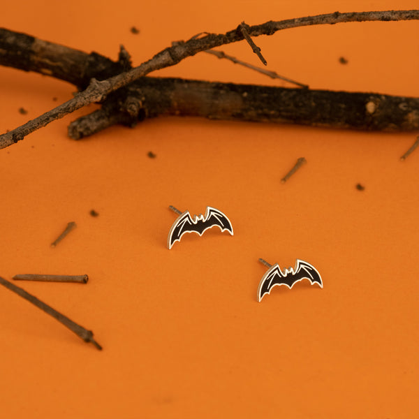 925 Sterling Silver Enamel Black Bat Studs