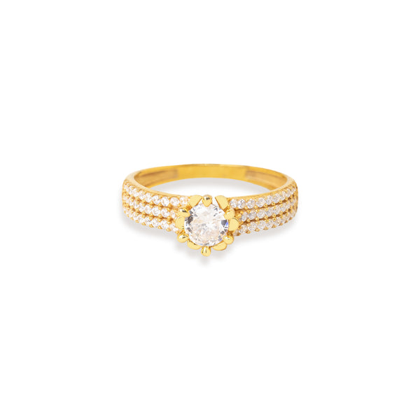 925 Sterling Silver Kenarlari 3 Sira Crystal Pave 6 Tirnakli Tek Taş Ring