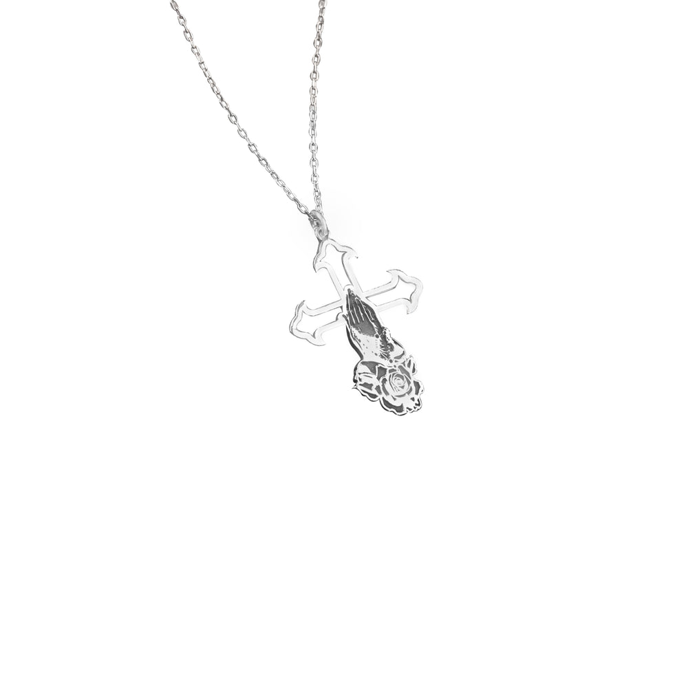 925 Sterling Silver Praying Hands Crucifix Necklace 361