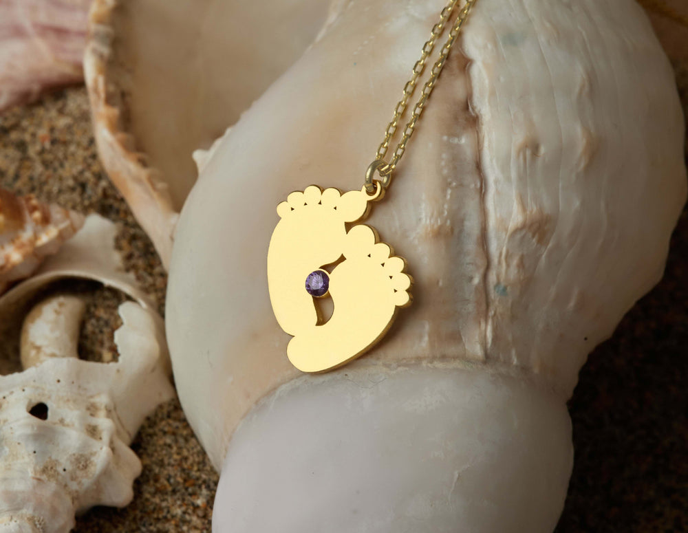 925 Sterling Silver Cute Baby Feet Necklace With Birthstone