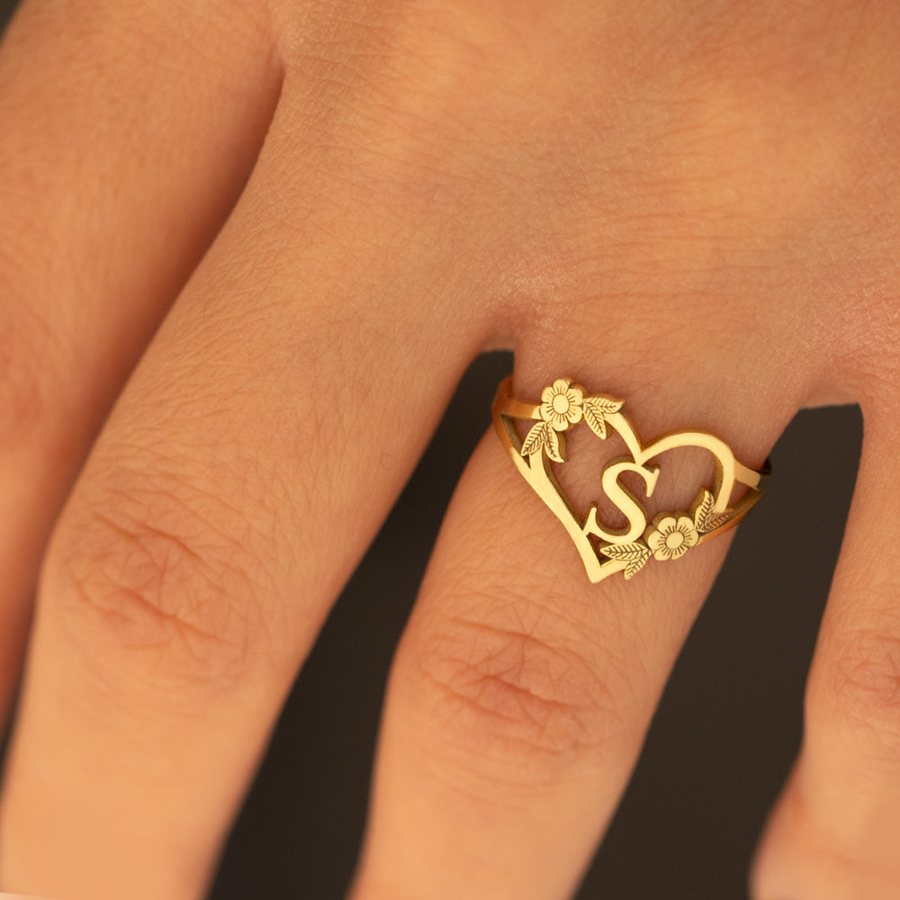 925 Sterling Silver Custom Initials Letter Heart And Flowers Rings