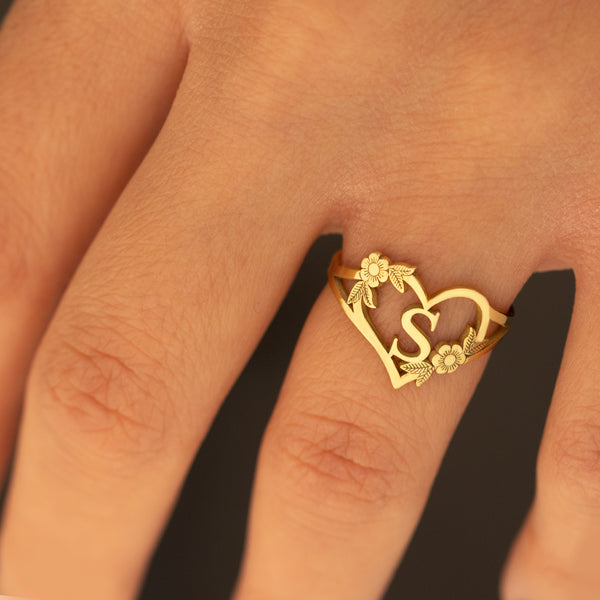925 Sterling Silver Custom Initials Letter Heart And Flowers Rings