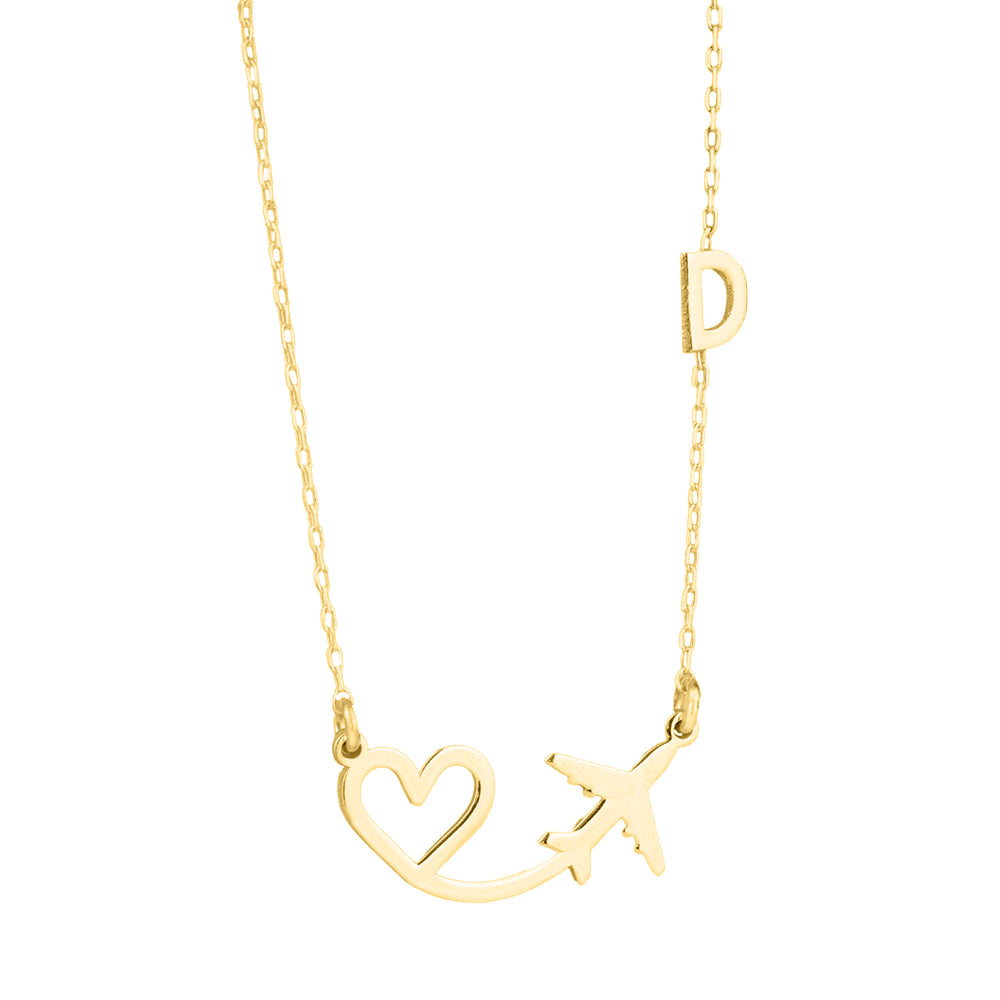 925 Sterling Silver Plane And Heart With Initial Necklace