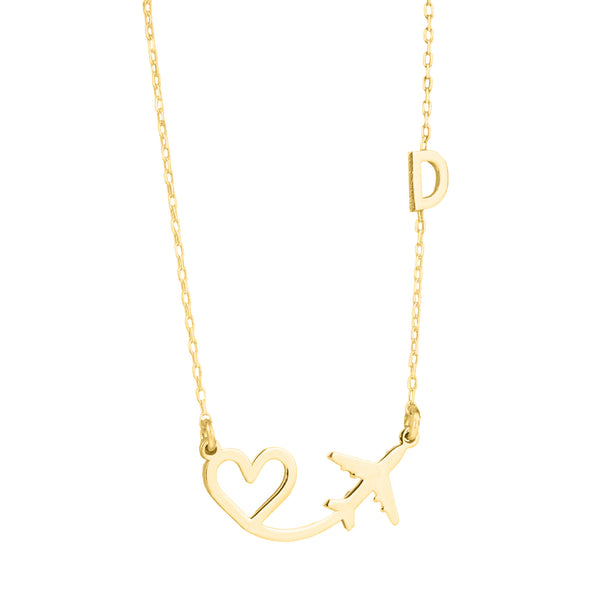 925 Sterling Silver Plane And Heart With Initial Necklace