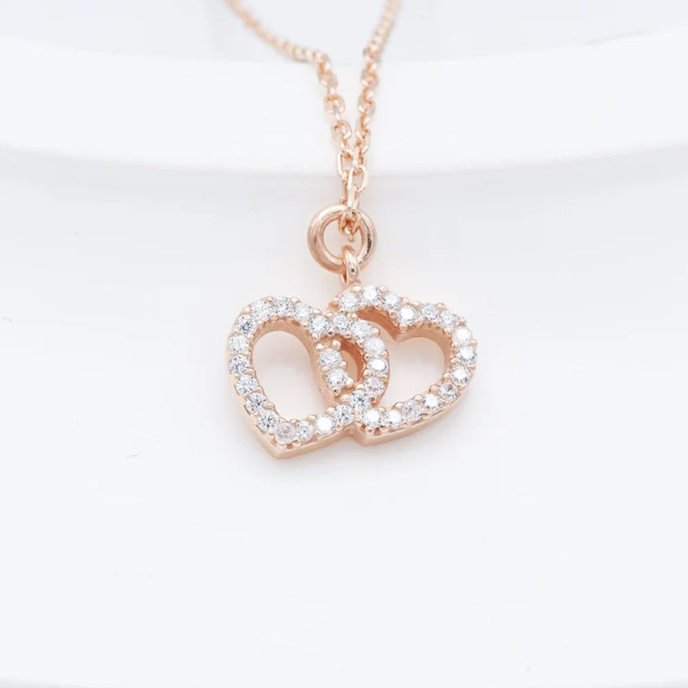 925 Sterling Silver Double Heart Necklace With Cz Diamond