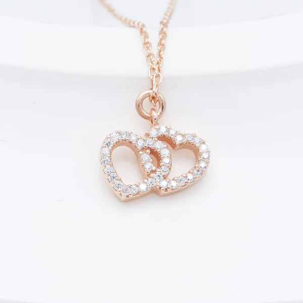 925 Sterling Silver Double Heart Necklace With Cz Diamond