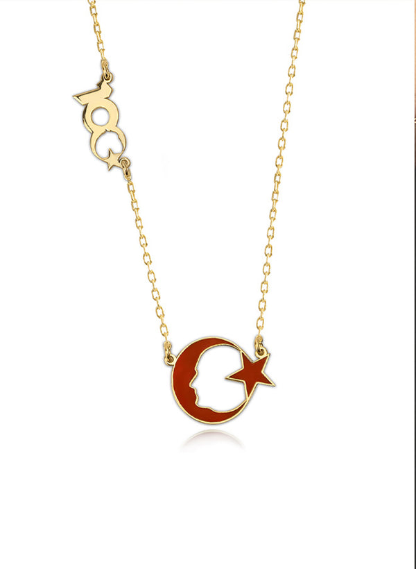 925 Sterling Silver 100. Yıl Necklace Atatürk Silüetli Crescent & Star