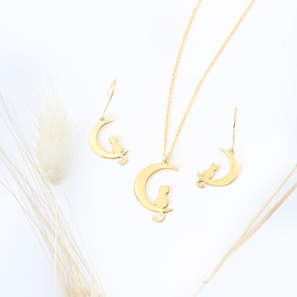 925 Sterling Silver Cat Moon Dangle & Drop Earrings