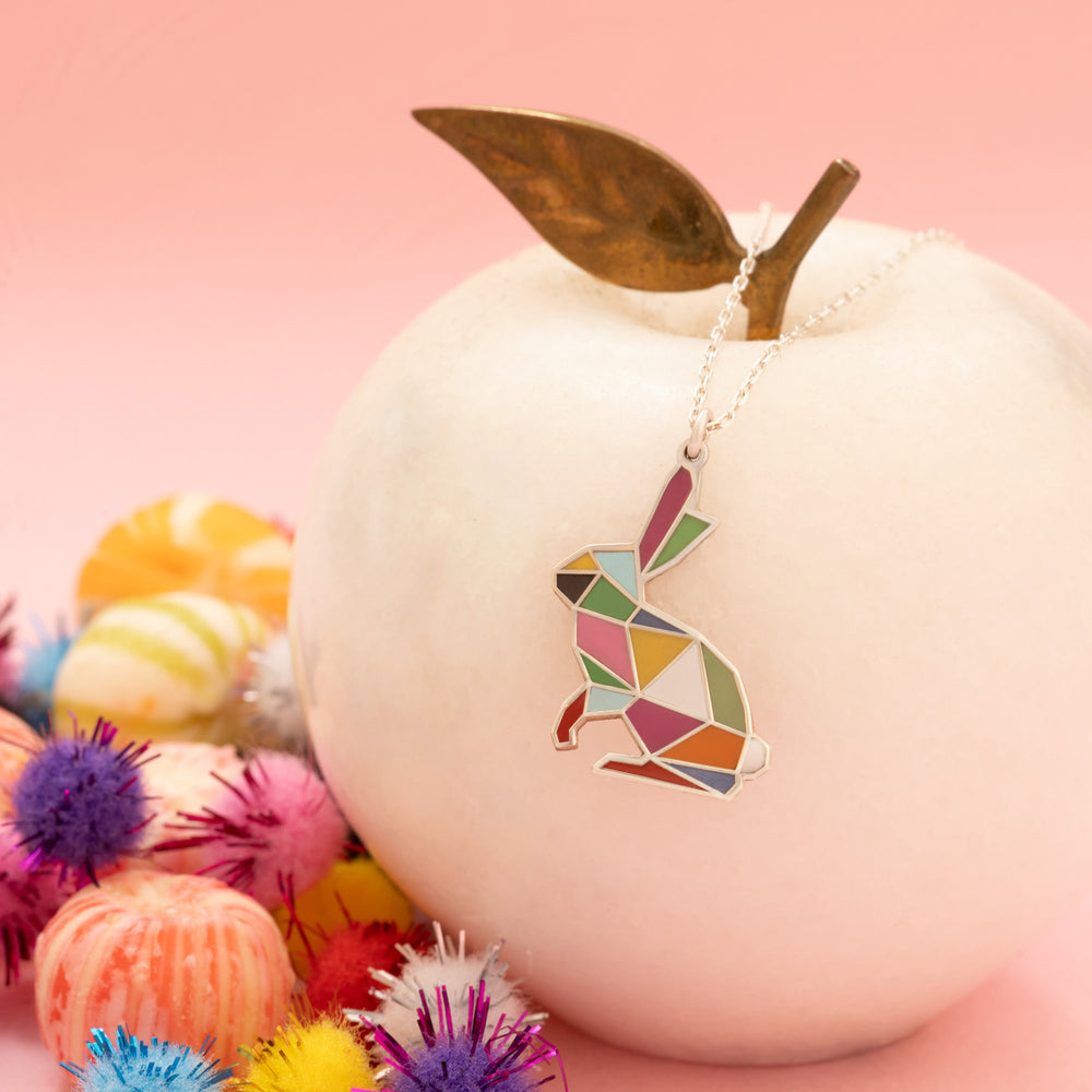 925 Sterling Silver Multi Color Enamel Rabbit Necklace