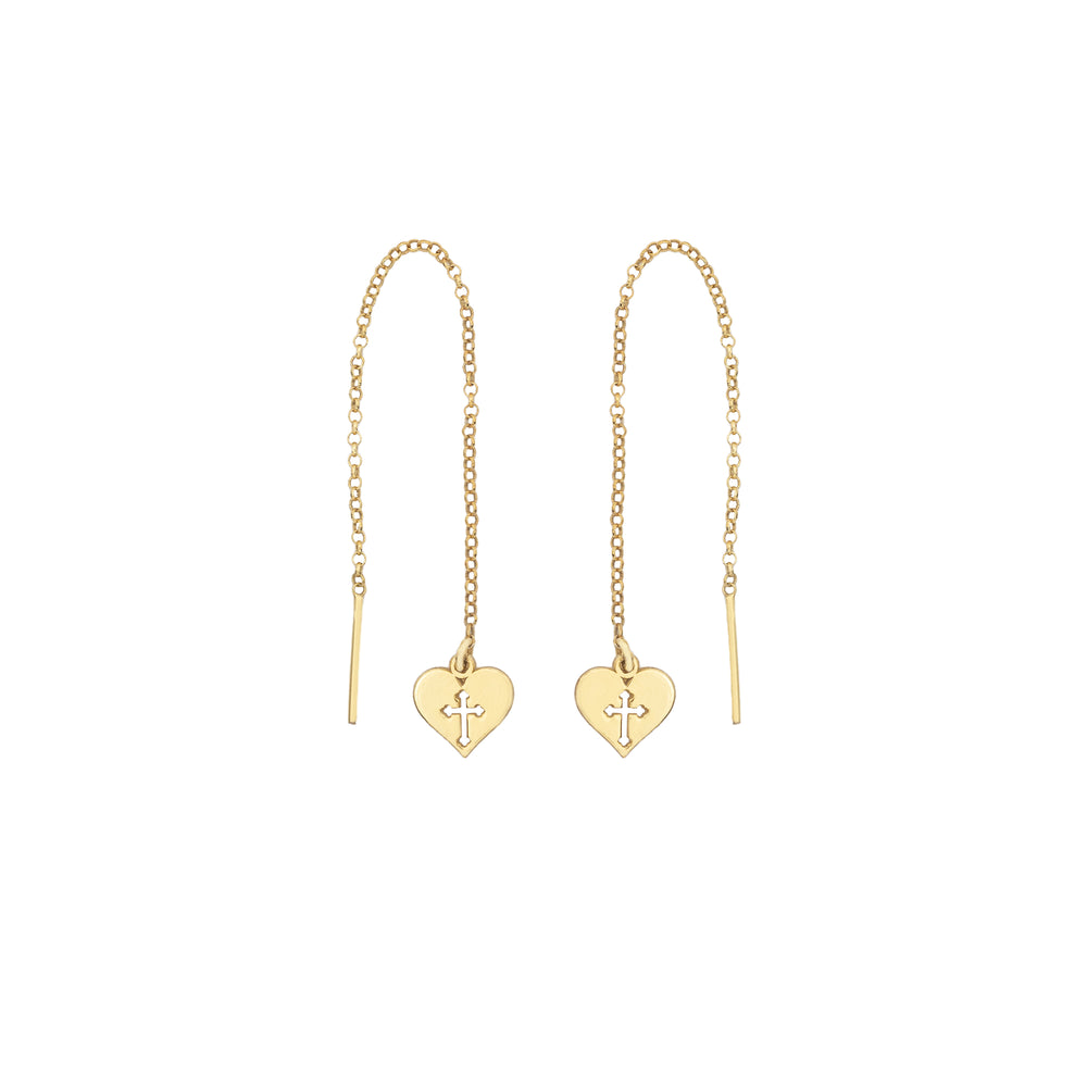 925 Sterling Silver Threader Hollow Cross With Heart Earring (Zi̇nci̇ri̇ Cs40001)