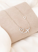 925 Sterling Silver Plane And Heart With Initial Necklace