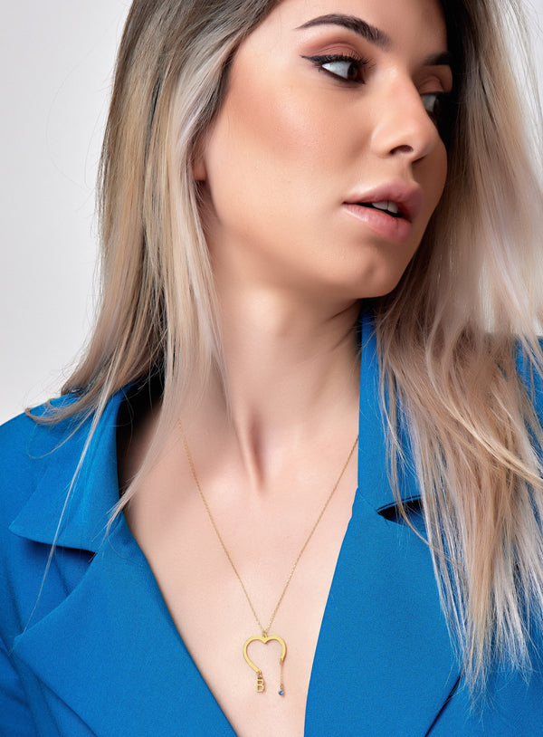 925 Sterling Silver Bir Tarafı Heart Initial Dangle Drop Diger Tarafı Doğum Taş Dangle Drop Necklace