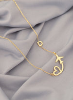 925 Sterling Silver Plane And Heart With Initial Necklace
