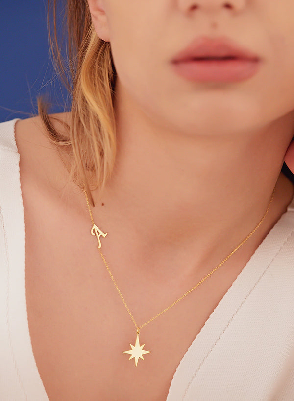 925 Sterling Silver Initial Pole Star Necklace